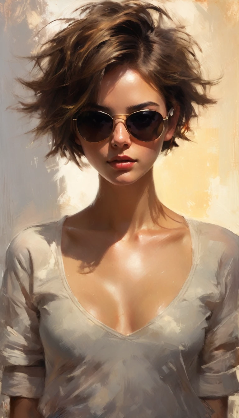 An 20yo woman with a sensational body, aviator sunglasses, short hair, messy hair, sensual, bold pose, colored fine art, unfinished art, subtle delight, unconventional lighting, technical mastery of anatomy, dynamic angle, dynamic pose, beautiful composition, (outstanding composition, masterpiece:1.4), notable influential artwork, by casey baugh
