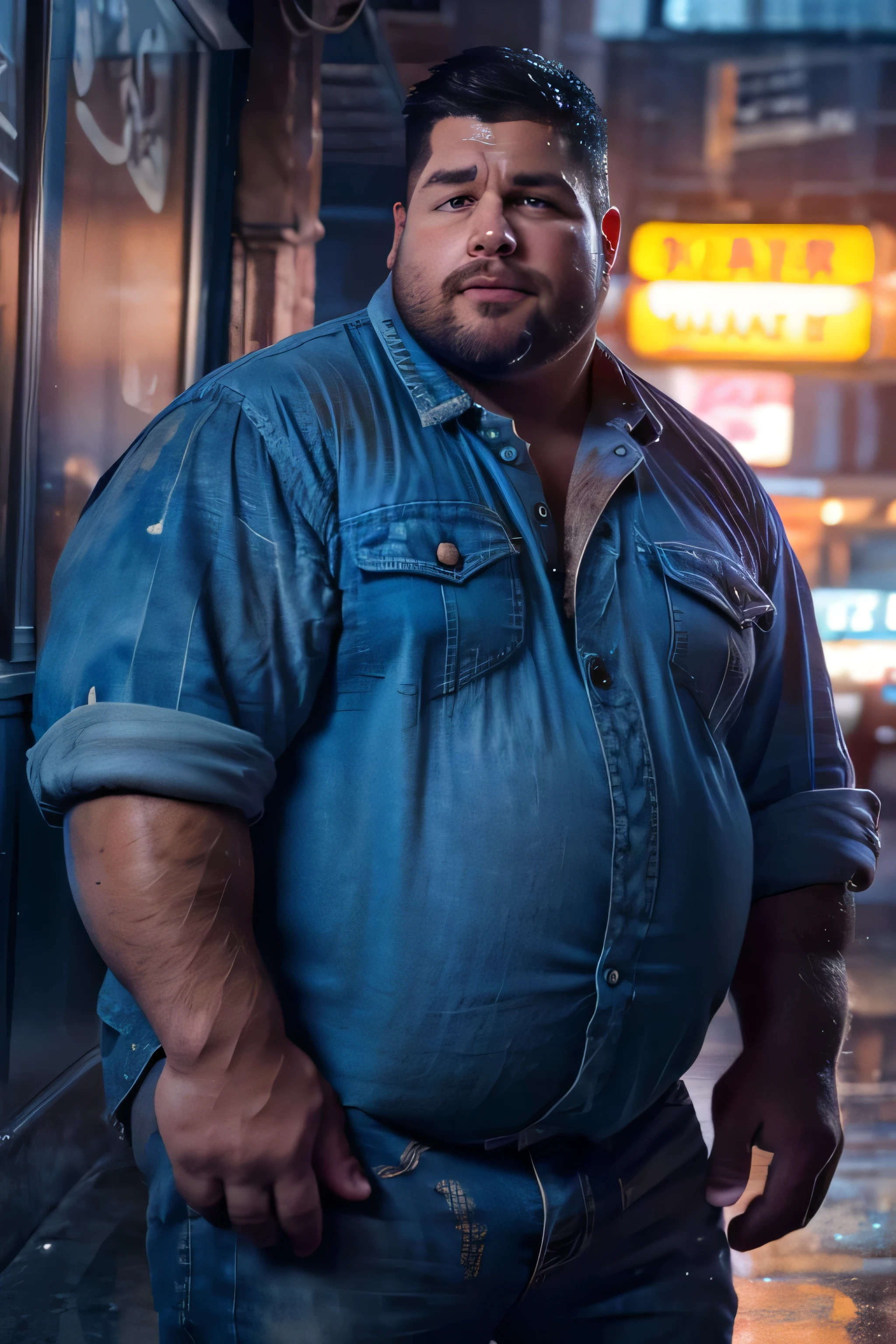 (8k. hyper-realistic. high definition) handsome chubby guy. scruffy face. fat, wearing denim jacket and jeans, collared shirt underneath, big tummy, buffed, chubby face, hairy arms, thick eyebrows, medium-length hair, editorial shot. dramatic lighting, looking intensely at the camera. arm hair, beard, black hair, blurry, blurry background, closed mouth, collared shirt, facial hair, fat, fat man, looking at viewer, male focus, pocket, realistic, shirt, short hair, sleeves rolled up, solo, upper body, obese, obese man, chubby face, plump face. outdoors. evening, dark alley, street light, heavy downpour, drenched, boy is soaking wet, boy's face is soaking wet, face is dripping wet