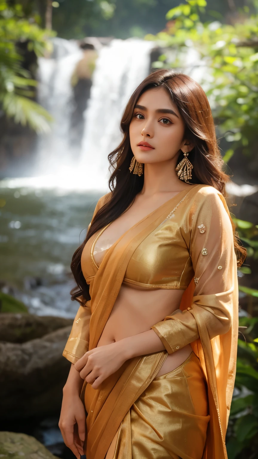 Mrunal Thakur (Indian actress) in 2, perfect age, ultra realistic face, long blondie hair:1.3,  in waterfall, wore a sexy and revealing traditional Indian saree suite, 4k resolutionfull lips, detailed background, depth of field, volumetric lighting, sharp focus, absurdres, realistic proportions, good anatomy, (realistic, hyperrealistic:1.4), 16k hdr, earrings, jewelry, 