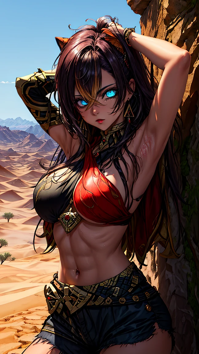 (masterpiece:1.2), best quality, high resolution, unity 8k wallpaper, (illustration:0.8), (beautiful detailed eyes:1.6), extremely detailed face, perfect lighting, extremely detailed CG, (perfect hands, perfect anatomy), leaning forward showing her chest, sexy, NSFW, blush, looking at viewer, small boobs, sexy pose, (in a twilight oasis), (ancient desert). Take care to draw hands with no errors, (no_bad_hands, no_bad_eyes, no_bad_body).