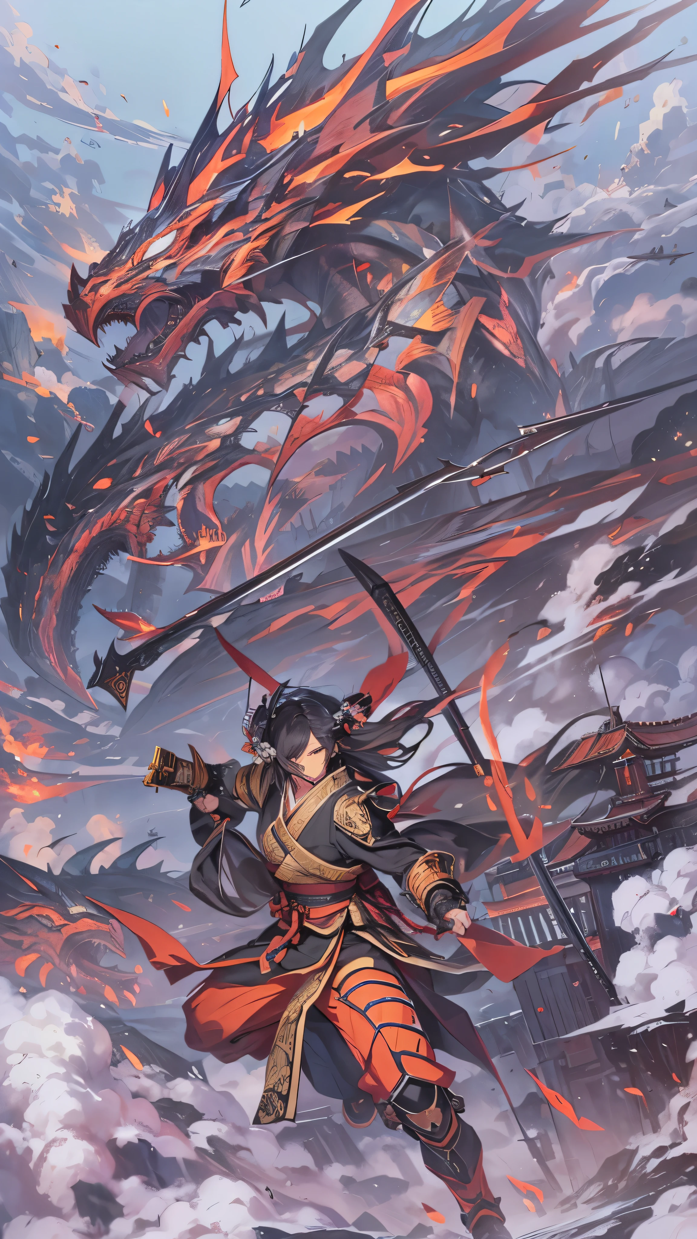 with high definition images，Wide Shot、Sea of clouds in the background、Cyber Ronin、(Cyber Samurai:1.2)　Flying on a dragon。