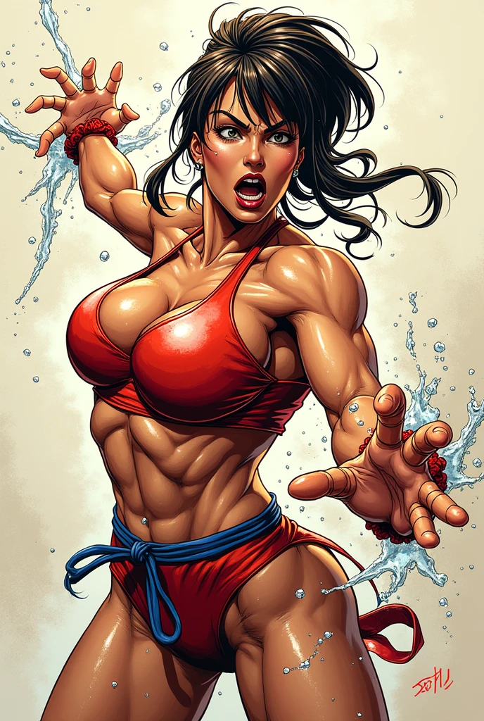 (high quality, best rendering), (beautiful girl), black hair(bombshell, pin-up style), psychopath, crazy face, sexy pose, 2 piece outfit, pastel, centered, scale to fit dimensions, micro thong, micro bikini, camel toe