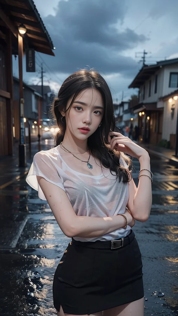 (RAW shooting, Real photos:1.5, 8ก, Highest quality, Masterpiece, Ultra high resolution), Perfect dynamic composition:1.2, Nighttime street corner of a modern city, expression of sadness:0.5, (((Typhoon heavy rain))), Highly detailed skin and facial features:1.2, Slim office girl wet from the rain:1.3, white skin, Sexy Beauty:1.1, perfect style:1.2, beautiful and beautiful:1.1, Very beautiful face, water droplets on the skin, (Rain falls all over my body.:1.2, wet body, Wet hair:1.4, Wet skirt:1.2, Wet shirt:1.3), belt, (big breasts, The bra is sheer., chest gap), (cry, Heartbreak, The expression on your face when you feel a strong touch., Facial expressions when feeling pleasure), (beautiful blue eyes, Eyes that give a feeling of elegance and beauty:0.8), (Too erotic:0.9, Fascinating:0.9), cowboy shoot, Shoulder bag, necklace, earring, bracelet, clock, high sexual arousal, Sadism.