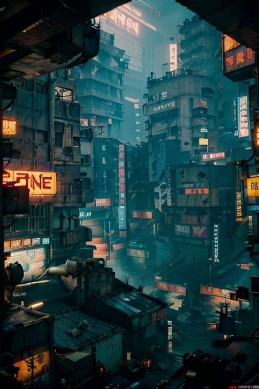 KOWLOoN WALLED CITY, cyberpunk version of Kowloon,a group of concrete and rusted buildings,a group of dilapidated buildings piled on top of each other,group of dilapidated buildings make of concrete and rusted metal piled on top of each other, buildings connected by dilapidated bridge made of scraps, post apocalittics cyberpunk slums,  overcrowded cluster of concrete and rusted metal buildings, neon lights, cyberpunk 2049, Blade Runner style,by Villeneuve, in Villeneuve style, dramatic lighting, night landscape, rain, night skyline