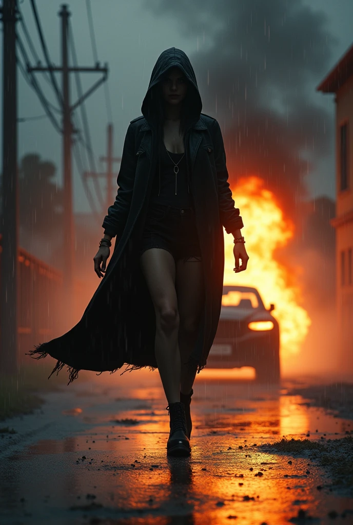 A dark, rainy afternoon, a hooded woman raises her right hand high as she walks, a car explodes behind her, ((masterpiece, Highest quality, Best image quality, High resolution, Realistic, RAW Photos, 8k, Highly detailed CG synthesis 8k wallpaper)), (Huge and stunning goddess shot, Very hot and sexy, Incredible beauty, Perfect Proportions, Beautiful body, Slim body beauty:1.4), view from above, Backlight, 