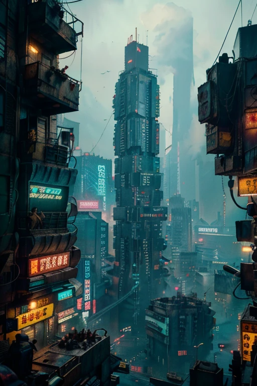 KOWLOoN WALLED CITY, cyberpunk version of Kowloon,a group of concrete and rusted buildings,a group of dilapidated buildings piled on top of each other,group of dilapidated buildings make of concrete and rusted metal piled on top of each other, buildings connected by dilapidated bridge made of scraps, post apocalittics cyberpunk slums,  overcrowded cluster of concrete and rusted metal buildings, neon lights, cyberpunk 2049, Blade Runner style,by Villeneuve, in Villeneuve style, dramatic lighting, night landscape, rain, night skyline