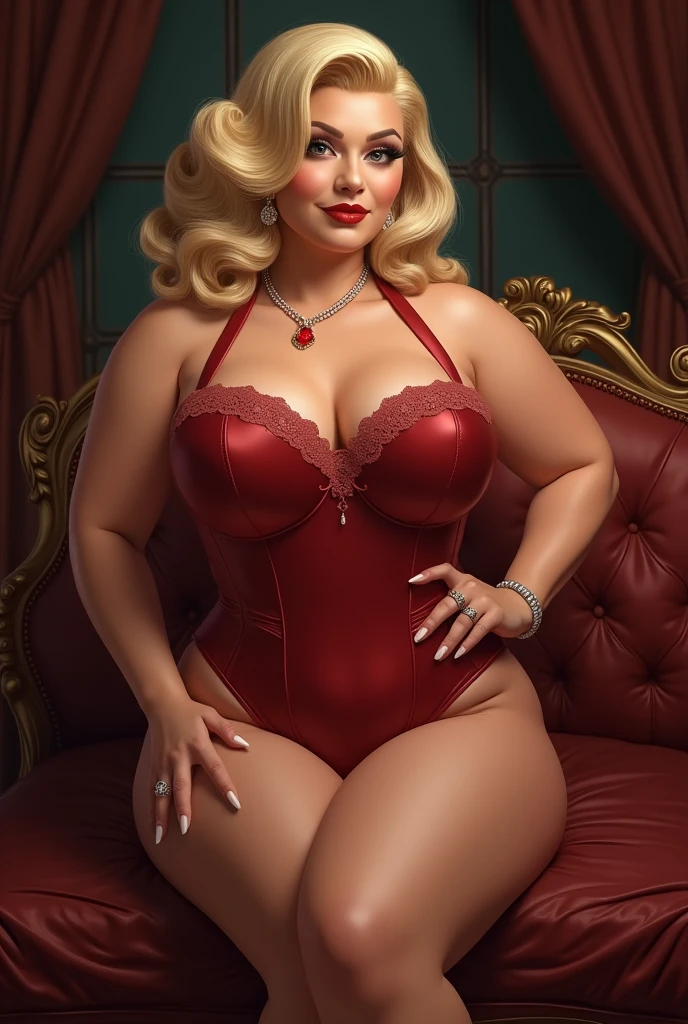 Beautiful thicc blonde milf,wearing sexy red robe in bedroom. Full body. Thicc thighs. 