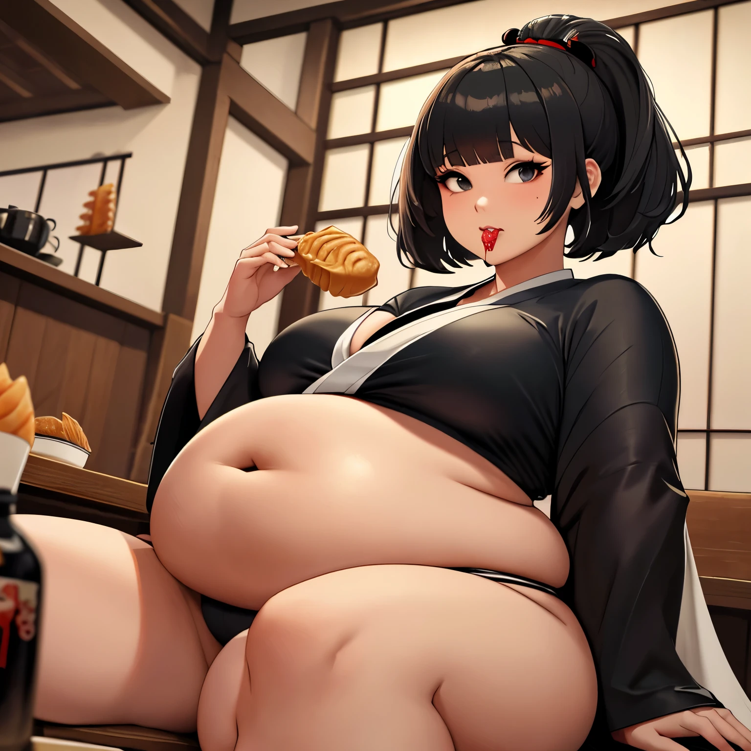 (Masterpiece), (detailed), (high res), (best quality), chubby sumo girl, black square haircut and long haircut, black eyes, tight ripped white kimono outfit, slim sumo girl eating a lot of Taiyaki, medieval Japanese cafe