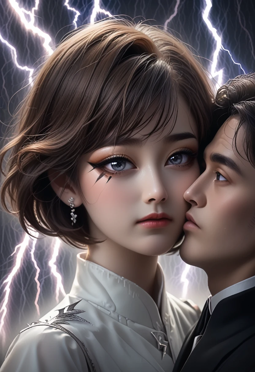 movie poster, Butterfly, Science fiction, movie, atmosphere, sky, Male and feMale couple, Blonde and long-haired woman, adult, (Realism: 1.4), top quality, masterpiece, Male, thin, (1 person, white loose shirt, black trousers, the viewer is watching, Brown hair, grey eyes, closed mouth, upper body), (Face of the Idol, Korean face, sharp eyeliner) (Male), (Focus on face, I could, Lightning in the movie, (light spring theme, man with short hair),((close-up of feMale face on background of man standing in foreground))