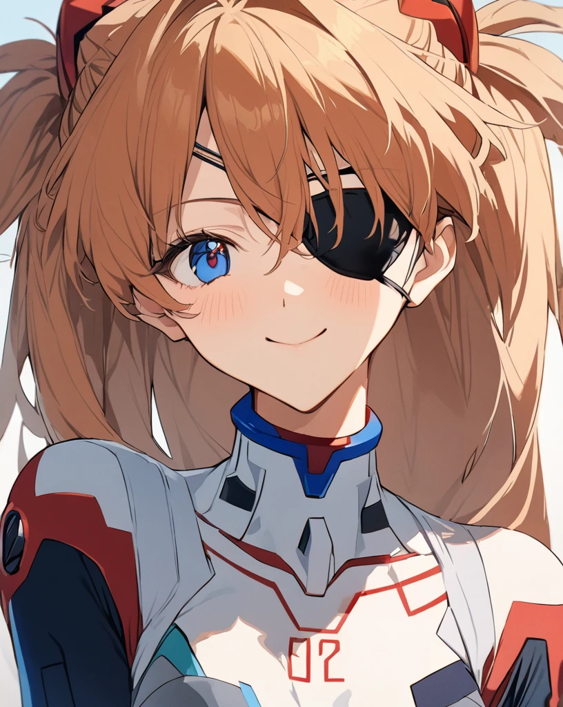 Highest quality, masterpiece,  体suit, Evangelion:_3.0_you_can_(do not have)_redo, Eye patch, white_background, 1人of女of子, Rebuild_of_Evangelion, hair_ornament, red_体suit, alone,neon_Genesis_Evangelion, Canglong_Asuka_Langley, Simple_background, covered_clavicle, two_~ side_superior, Plug Suit, smiling, Hearts in eyes, ハート形of目, 