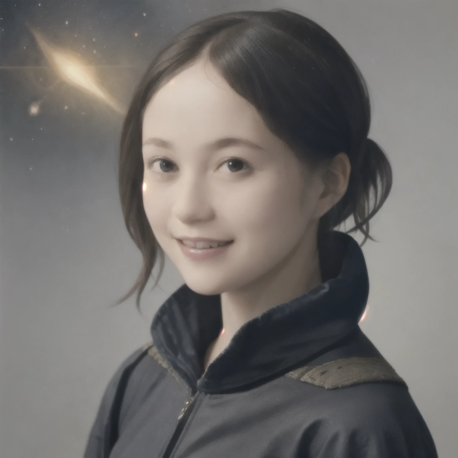 279 (20-year-old woman,short hair) , flower, Futuristic clothing, machinery suit, (The background is a galaxy and nebula), Old-fashioned smile