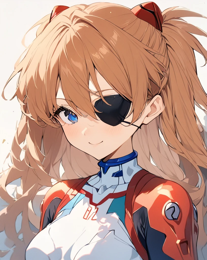 Highest quality, masterpiece,  体suit, Evangelion:_3.0_you_can_(do not have)_redo, Eye patch, white_background, 1人of女of子, Rebuild_of_Evangelion, hair_ornament, red_体suit, alone,neon_Genesis_Evangelion, Canglong_Asuka_Langley, Simple_background, covered_clavicle, two_~ side_superior, Plug Suit, smiling, Hearts in eyes, ハート形of目, 