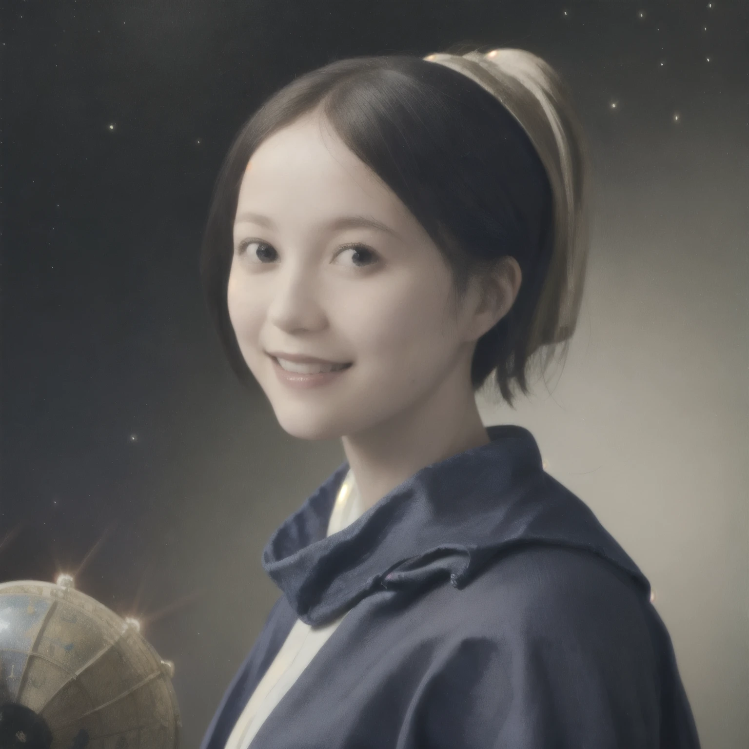 279 (20-year-old woman,short hair) , flower, Futuristic clothing, machinery suit, (The background is a galaxy and nebula), Old-fashioned smile