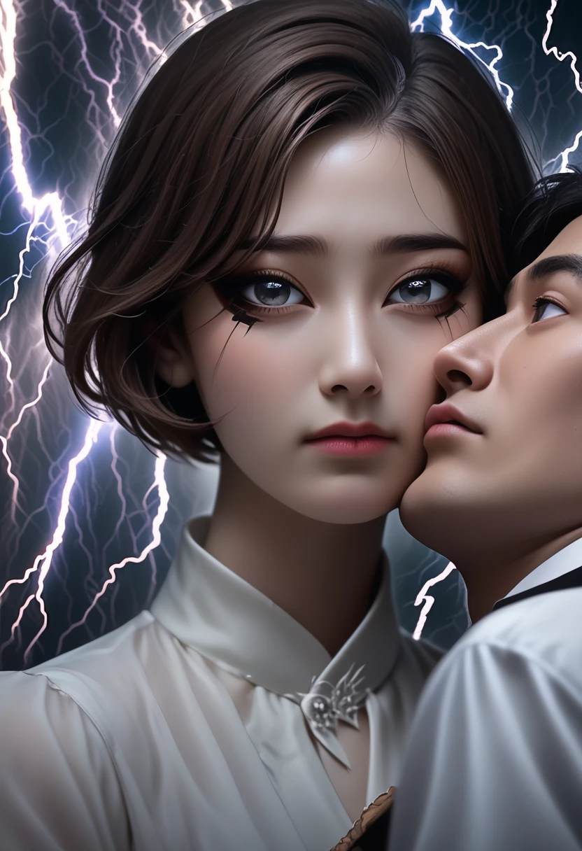 movie poster, Butterfly, Science fiction, movie, atmosphere, sky, Male and feMale couple, Blonde and long-haired woman, adult, (Realism: 1.4), top quality, masterpiece, Male, thin, (1 person, white loose shirt, black trousers, the viewer is watching, Brown hair, grey eyes, closed mouth, upper body), (Face of the Idol, Korean face, sharp eyeliner) (Male), (Focus on face, I could, Lightning in the movie, (light spring theme, man with short hair),((close-up of feMale face on background of man standing in foreground))