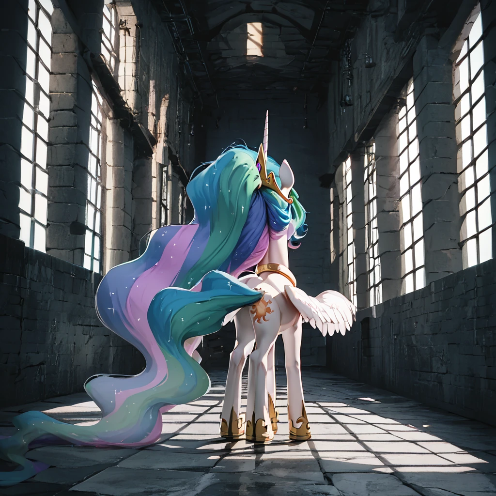 score_9, score_8_up, score_7_up, score_6_up, score_5_up, score_4_up, Princess Celestia, mlp, feral, standing full-length, half-turn, (back view), side light, enigmatic smirk, looking in front of them, mischievous look, black stone wall, gray stone floor, dungeon, torture chamber,