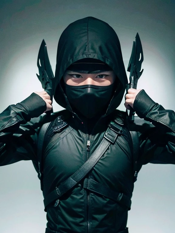 Ninja、assassin、Black attire、Short knife、Black Mask、In the shadows、Move silently、Calm expression, male, 