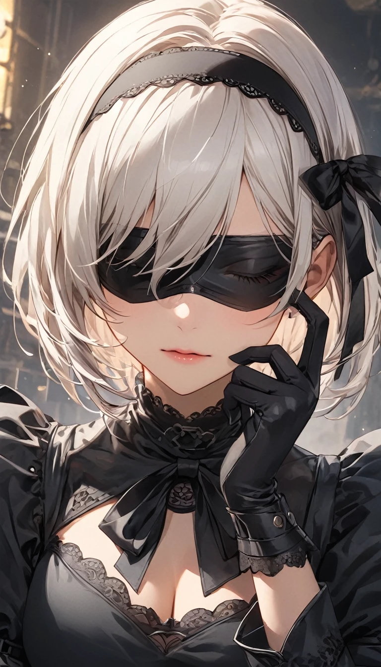 (score_9,score_8_up,score_7_up),1girl,solo,2b \(nier:automata\), ,looking at viewer,black hairband, blindfold,  clothing cutout, gloves, hairband,,white hair,