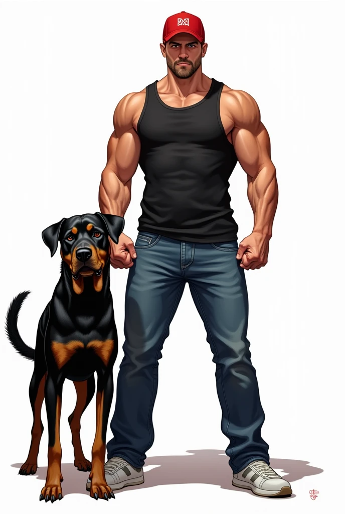 8k ultra HD, 28 year old man, brunette pouring black time standing with Pit Bull on the side