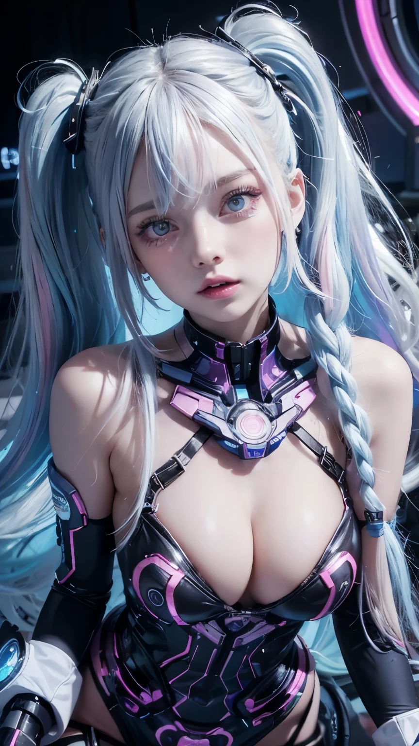 In a high-tech laboratory setting bathed in vibrant blue and pink hues, a young woman with long curly white hair styled in pigtails with black ribbons stands confidently. She adorns a striking silver and pink metallic bikini paired with intricate mechanical arm accessories, exuding a futuristic and edgy vibe. Her pale smooth skin contrasts against cybernetic implants, giving her a distinctly sci-fi appearance. Neon lights illuminate the scene, with dramatic lighting casting strong shadows as light emanates from multiple directions. The focal point is a central futuristic machinery, where the woman stands in a front view pose, looking straight ahead. The shallow depth of field and sharp focus on the subject emphasize vivid colors and high-detail exposure, creating a captivating sci-fi atmosphere.