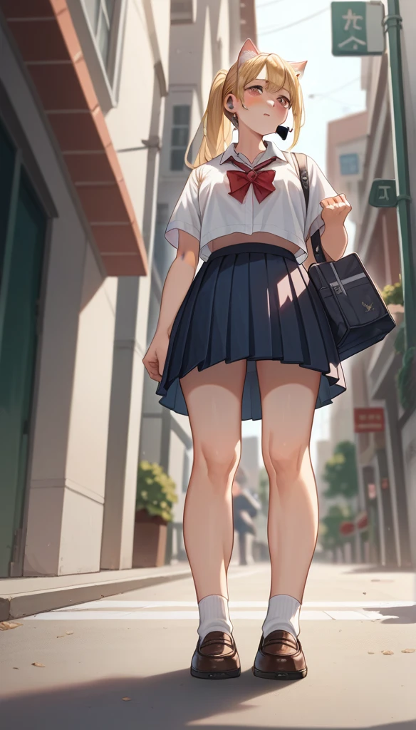 Beautiful girl Standing in street, High resolution, Ponytail, chest, Blushing, Blonde, Cat ear, Blurred, earphone, school uniform, (full body shot:1.2), (From below:1.2)