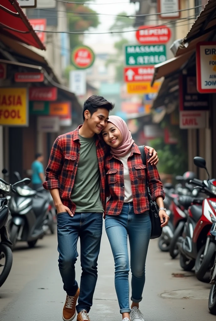 Generate IMG, ((8K, RAW Photo, Photography, Photorealistic, Highest Quality, Intricate Details)), Medium shot, of A 25 year old Indonesian man (light white skin, Ideal body, fit body, medium hair, wearing brown winter jacket ), embracing a 25 year old beautiful indonesian woman (with white hijab, ice white winter jacket), they smile facing the camera, standing in the urban city, night season, 800mm lens, realistic , hyperrealistic, photography, professional photography, deep photography, ultra HD, very high quality, best quality, mid quality, HDR photo, focus photo, deep focus, very detailed, original photo, original photo, ultra sharp, nature photo, masterpiece, award winning, shot with hasselblad x2d