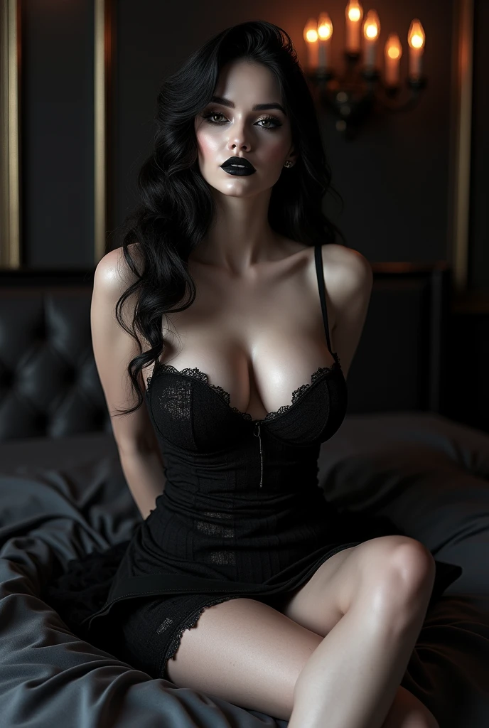 Latina_bronze skinned girl, , body view, black_short and tight dresses, black lipstick, black nail polish, black hair, gothic, goth, lowcut dress, black pantyhose, long legs, beutiful legs, black boots