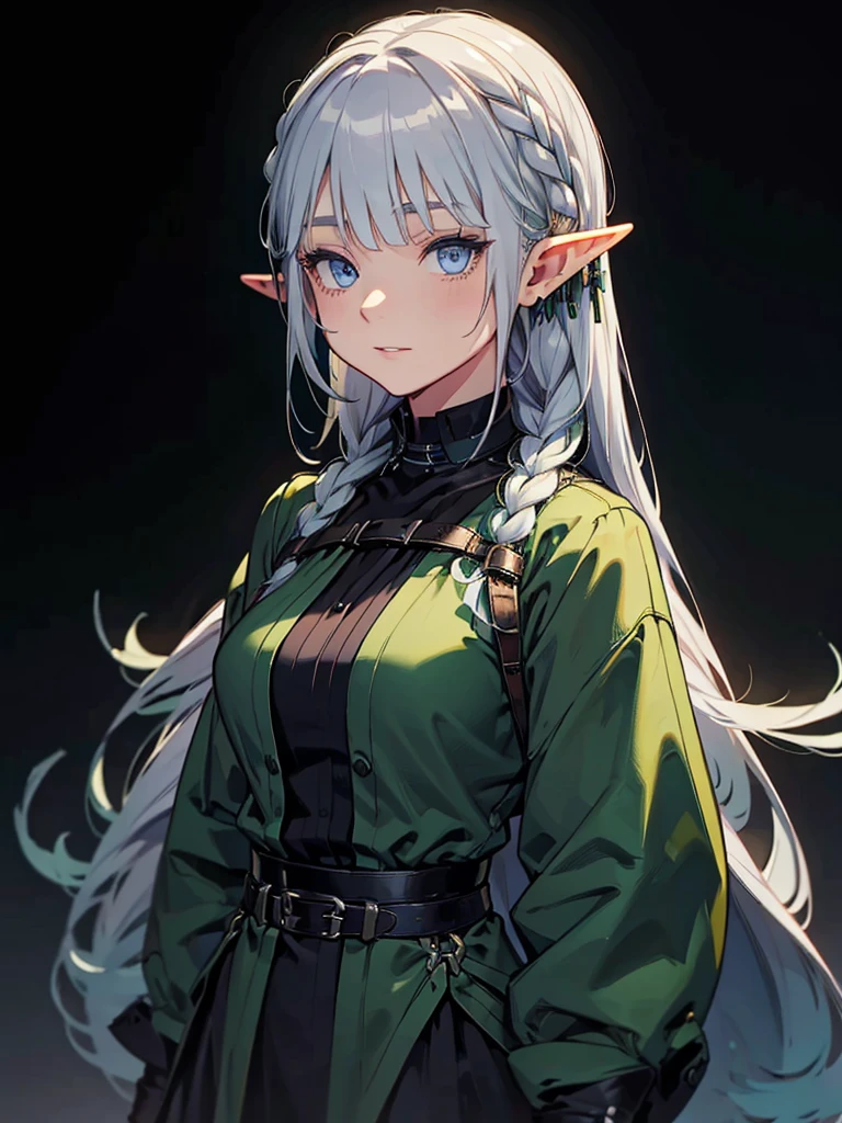 Black background with spotlight、Green clothing、Rinwell-style braided silver hair、Pointed Ears、Elf、blue eyes、Casual clothing、Long eyelashes