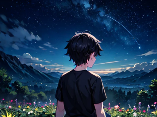 1 boy, Night view, shooting star, Flower garden, Black short hair, He is wearing a grey shirt, He looks long face, mountain