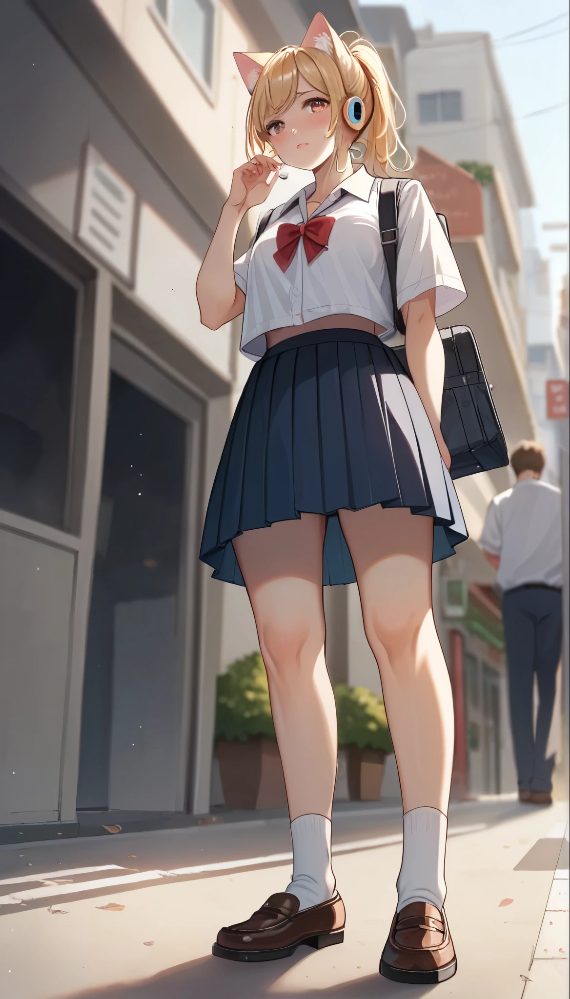 Beautiful girl Standing in street, High resolution, Ponytail, chest, Blushing, Blonde, Cat ear, Blurred, earphone, school uniform, (full body shot:1.2), (From below:1.2)