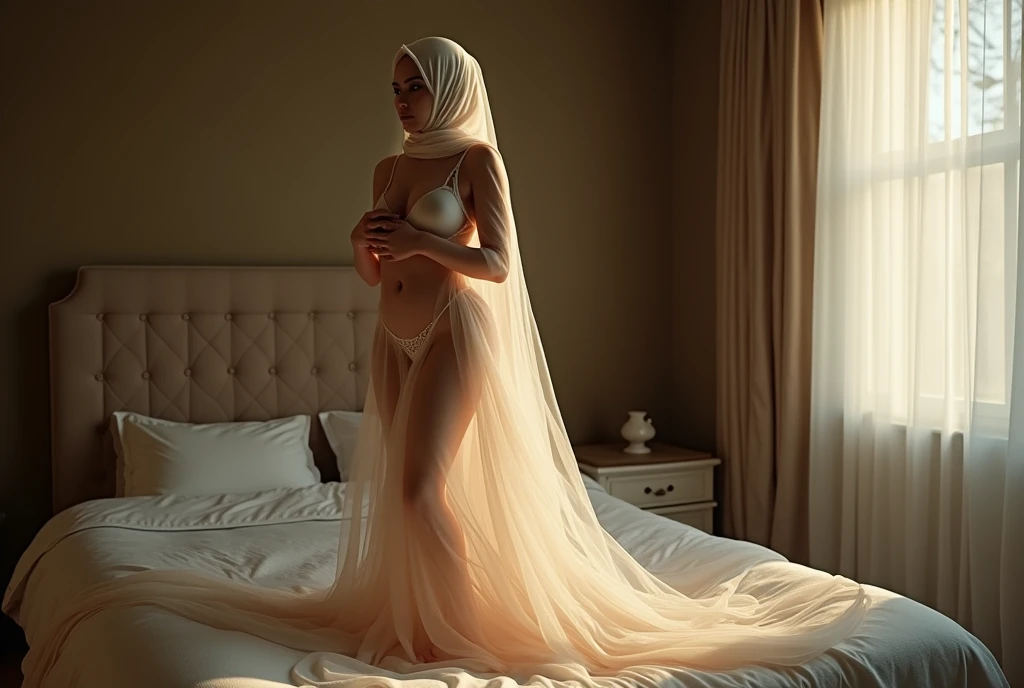 a woman in the translucent night gown, half naked, nipple on with nipple piercing, wearing satin hijab, full body,mermaid tight long gown, flowy dramatic long gown,very long flor length gown, tall women, in bedroom, tight in leg, sexy face, sexy pose, wear high heels, masterpice