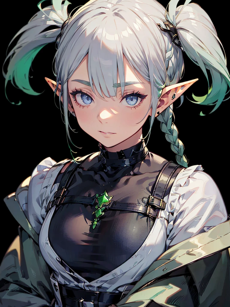 Black background with spotlight、Green clothing、Rinwell-style braided short silver hair、Pointed Ears、Elf、blue eyes、Casual clothing、Long eyelashes