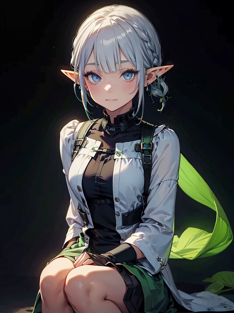 Black background with spotlight、Green clothing、Rinwell-style braided short silver hair、Pointed Ears、Elf、blue eyes、Casual clothing、Long eyelashes