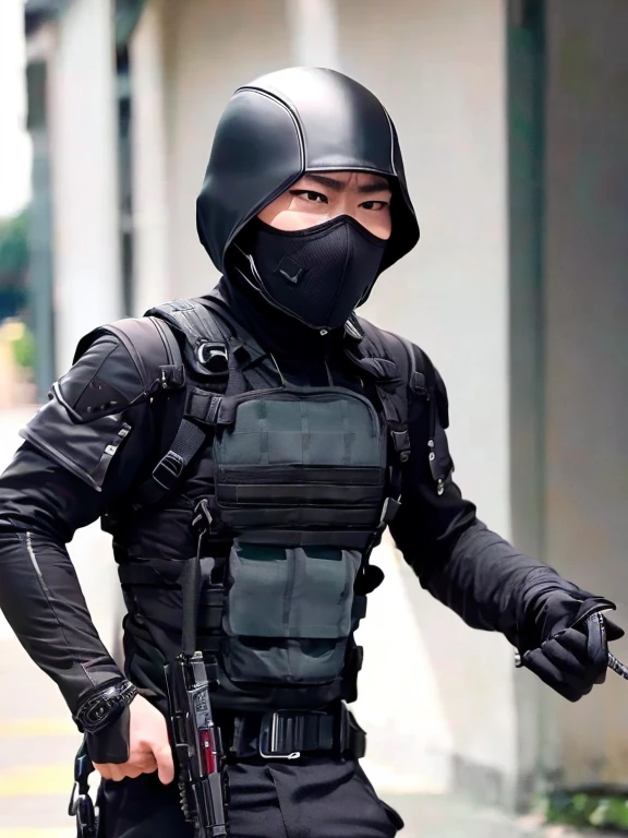 assassin、Black attire、Suppressed Pistol、Black Mask、In the shadows、Move silently、Calm expression, male, 