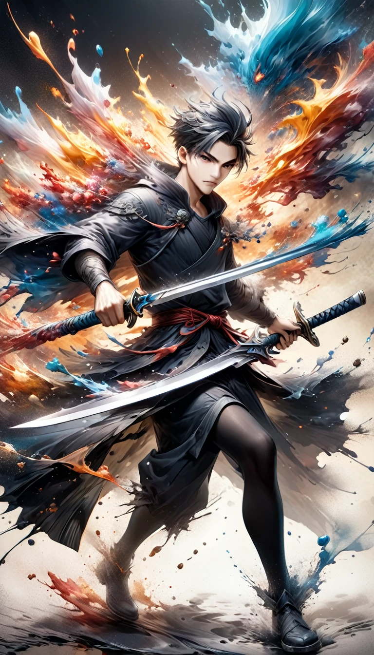 Beautiful Japanese boy in transparent color watercolor painting style，Holding a sharp blade or dagger with a wounding weapon,hidden in clothing.Wearing a black tights or cloak,show caution、ambush stance。His movements are agile、Focus,彰顯出殺手般的專注與dangerous氣息。Being in a dark environment,Only a faint light shines on him,營造出mystery、dangerous的感覺。The overall atmosphere created is dark、mystery、dangerous。，Confident and focused eyes，Japanese air feeling，Partial light watercolor splash ink rendering background，Coffee-colored eyes，Motion blur, dreamy, romantic and elegant，Noble and refined style.Delicate brushwork，Japanese art，dynamic art，( perfect anatomy )masterpiece, best quality, Ultra-high resolution, (Very detailed),