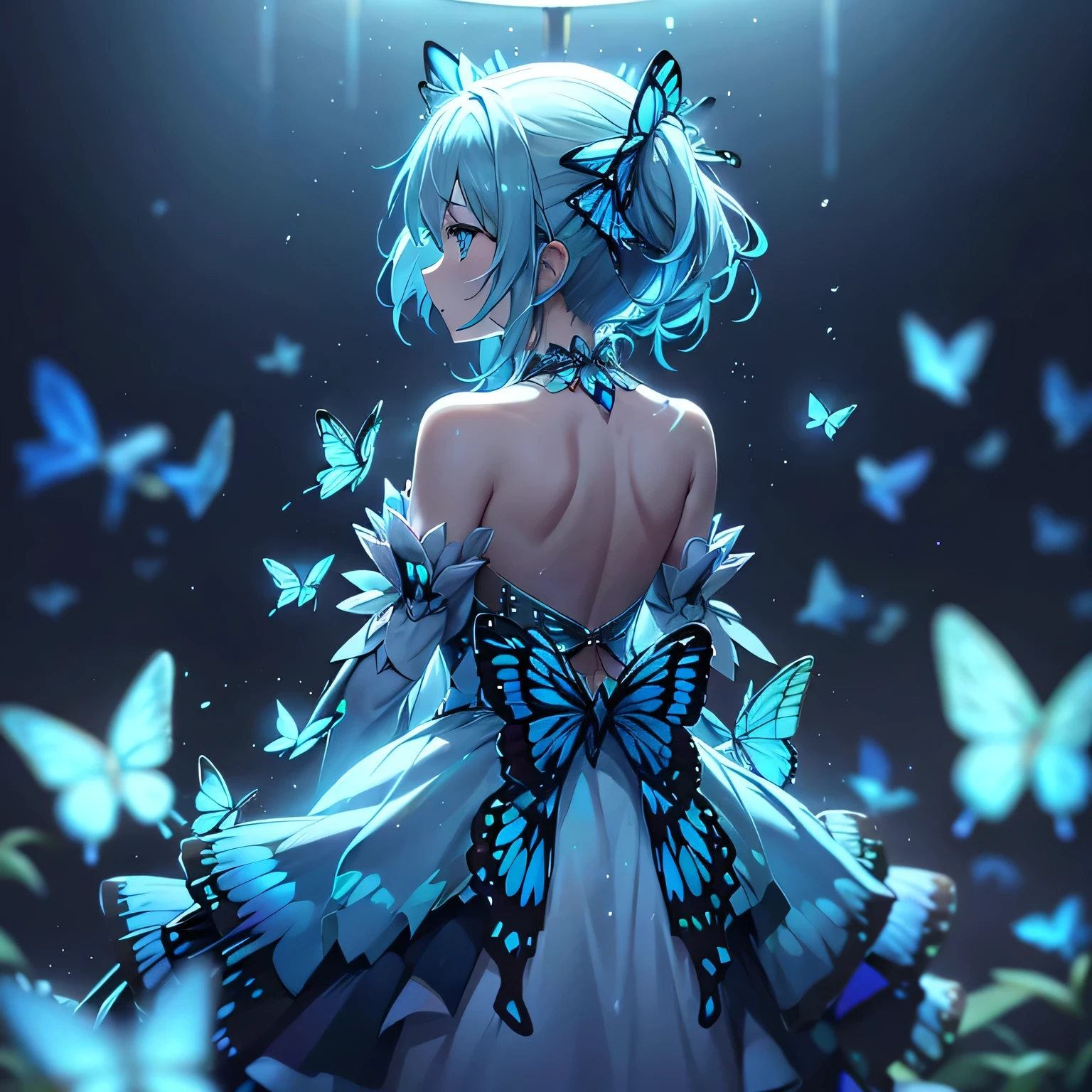 Many blue butterflies flying in the background、Neon lights