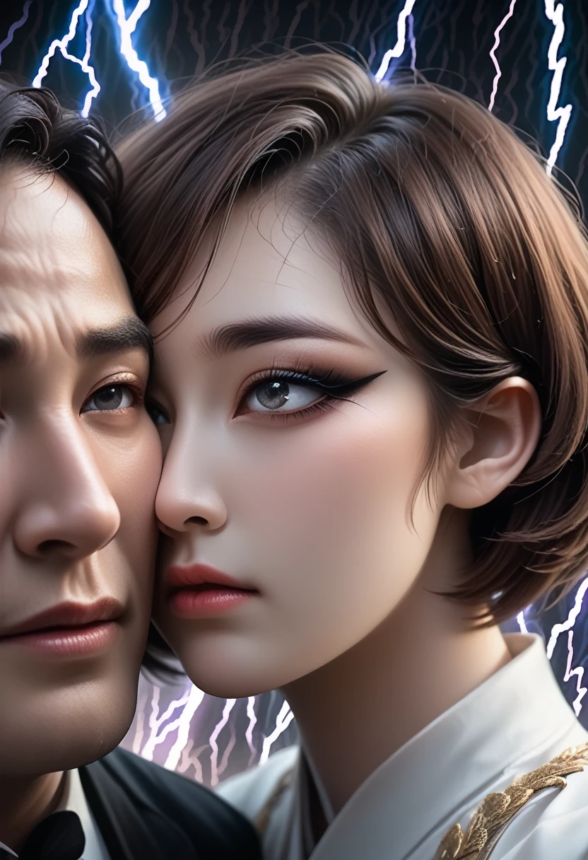 movie poster, Butterfly, Science fiction, movie, atmosphere, sky, Male and feMale couple, Blonde and long-haired woman, adult, (Realism: 1.4), top quality, masterpiece, Male, thin, (1 person, white loose shirt, black trousers, the viewer is watching, Brown hair, grey eyes, closed mouth, upper body), (Face of the Idol, Korean face, sharp eyeliner) (Male), (Focus on face, I could, Lightning in the movie, (light spring theme, man with short hair),((close-up of feMale face on background of man standing in foreground))