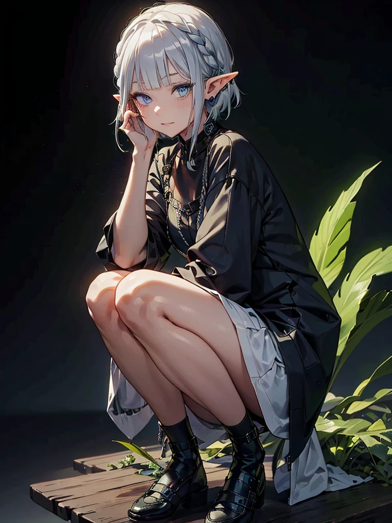 Black background with spotlight、Green clothing、Rinwell-style braided short silver hair、Pointed Ears、Elf、blue eyes、Casual clothing、Long eyelashes,sit