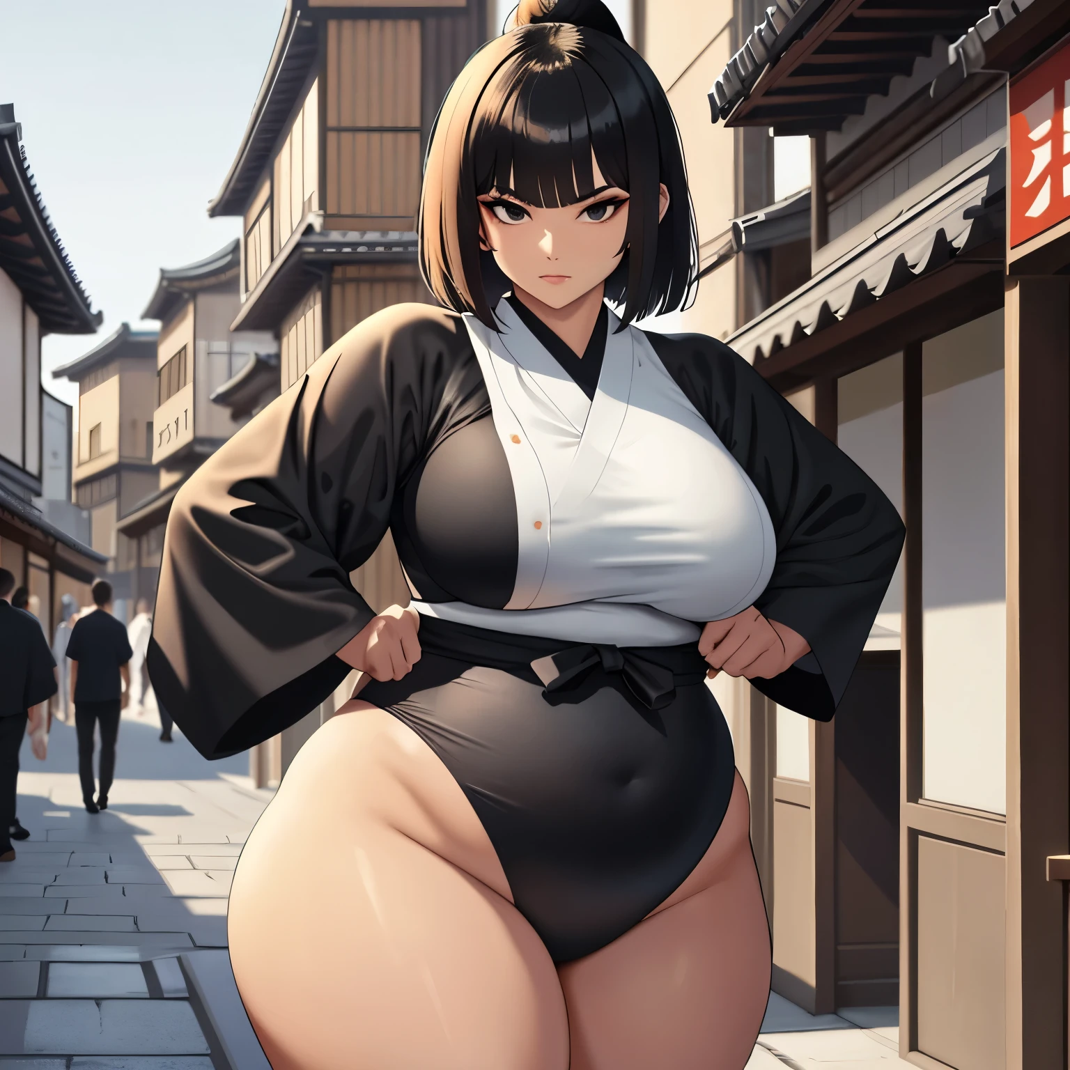 (Masterpiece), (detailed), (high res), (best quality), slim sumo girl, black square haircut and long haircut, black eyes, white mawashi sumo outfit, sumo girl walking through medieval Japanese city street, very slim, dying from hunger, flat breasts
