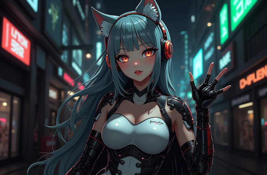 Anime Kawaii sexy Perfect Slim sensual body large breast and huge thighs, An intricate and highly detailed illustration of anime (Young girl). personagem de anime, futurista, ciberpunk, holding a microphone in the right hand Walking while singing Headphones with futurista neon lights, body preto, cabelo preto comprido, elementos da cibernet, Mulher guerreira, mais alta qualidade, Brilho do macacão, Bela expressão, aquarela, Detalhes vívidos no body,