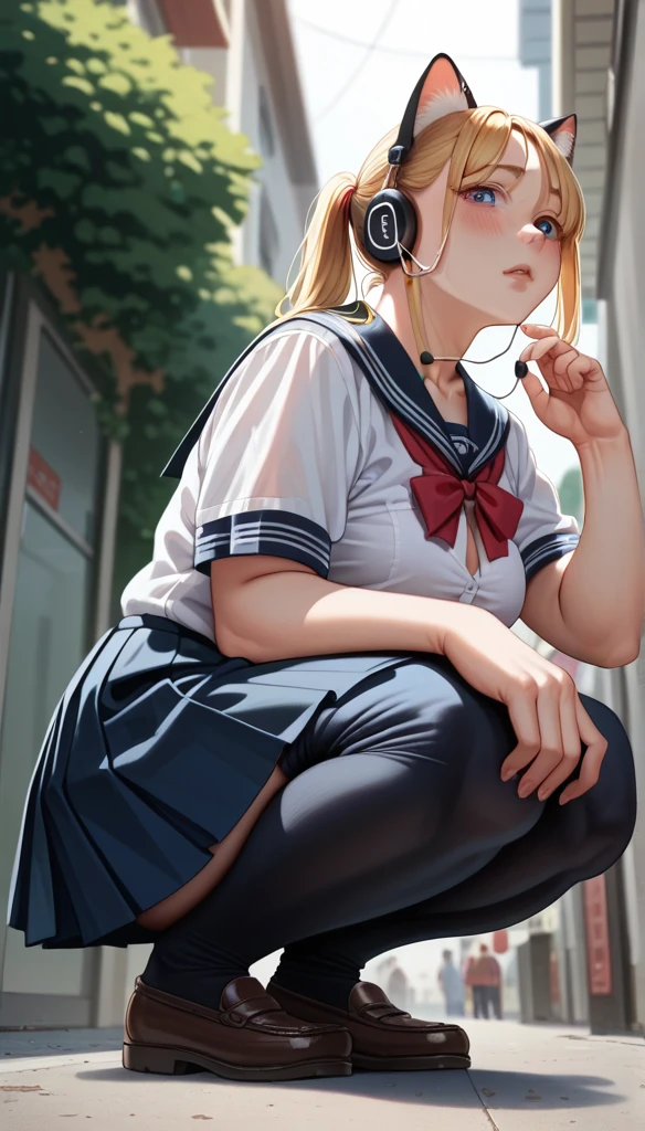 Squatting, High resolution, Ponytail, chest, Blushing, Blonde, Cat ear, Blurred, earphone, school uniform, (from below:1.2)