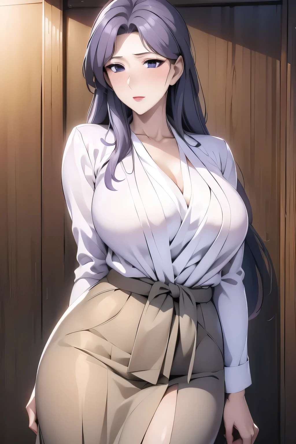 fujino ninno, light_taupe hair,wearing a lavender suit, skirt, white blouse,high quality,4k,