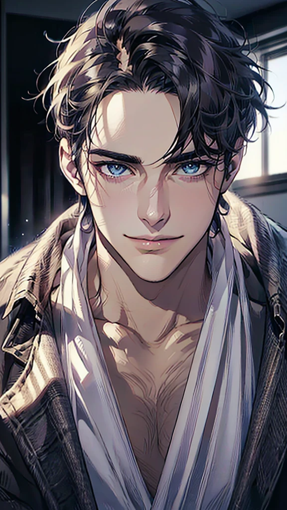 (Best Quality,4k,8k,high resolution,Masterpiece:1.2),ultra detailed,(realist,photorealist,photo-realist:1.37),1 man,31 years,mature man,very handsome,without expresion,muscled body,short gray black hair,Blue eyes,glare,perfect face without mistakes,imposing posture,businessman,office background,cinematic lighting,imagen HDR