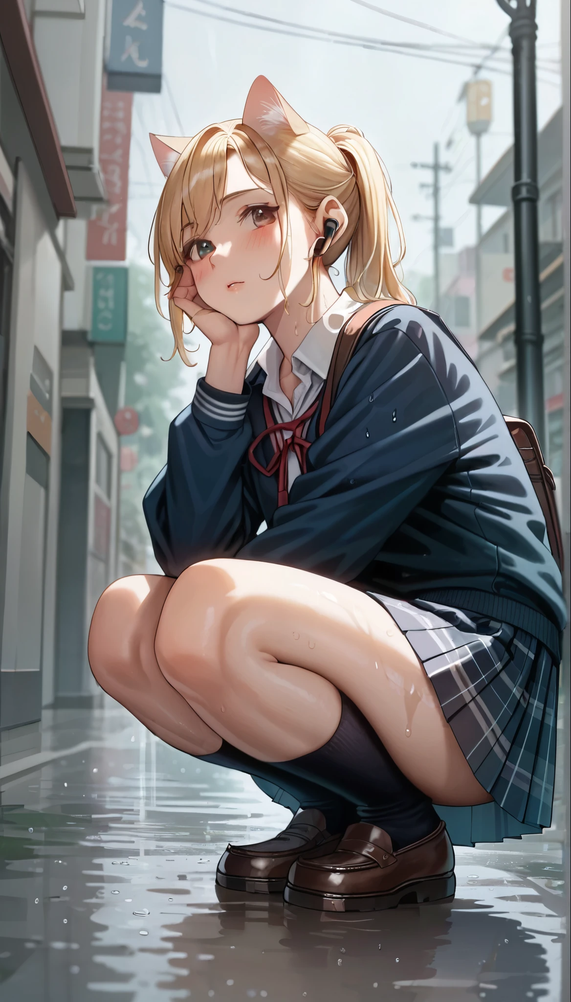 Beautiful girl Squatting in street, High resolution, Ponytail, chest, Blushing, Blonde, Cat ear, Blurred, earphone, Wet school uniform, (full body shot:1.2), (From below:1.1), rainy day,