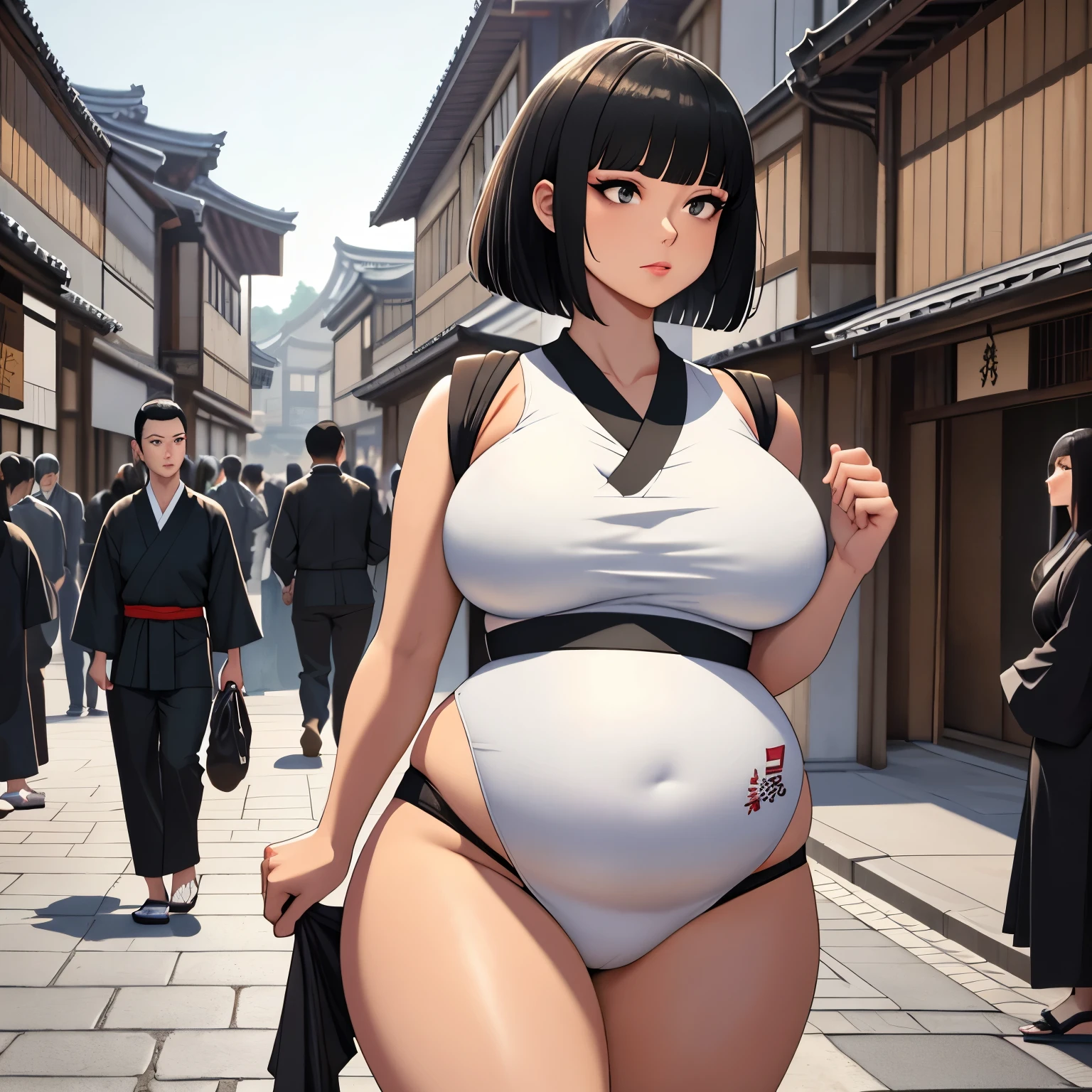 (Masterpiece), (detailed), (high res), (best quality), slim sumo girl, black square haircut and long haircut, black eyes, white mawashi sumo outfit, sumo girl walking through medieval Japanese city street, very slim, dying from hunger, flat breasts
