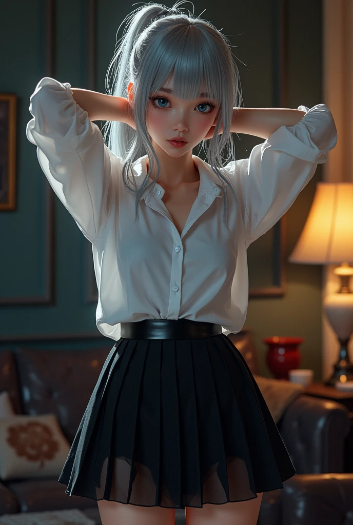 (CG Unity 8k wallpaper extremely detailed, masterpiece, best quality, high details, ultra-realistic), (better lighting, best shadow, very soft and beautiful, thin waist, large sides), low angle, angle perpendicular to the girl's ass (1 22-year-old girl with thin and cute legs, gray eyes, with pale skin, long light blue hair, made a pleasant and groaning face, lifted her skirt and lay on her knees spread with her elbows,