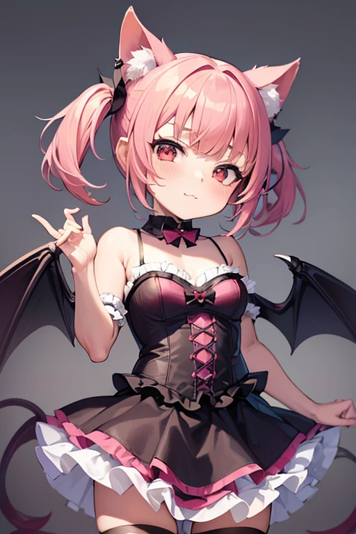 (masterpiece,best quality,ultra-detailed), an anime playful and sweet succubus. She has candy pink m-shaped bangs short hair with twin ponytails, ruby round eyes, fruit bat ears and wings, wearing a red and black gothic leotard with ruffle skirt succubus attire, ankle straps on her barefoot, standing bending over to the right playfully, butt focus, hands in a playful pose, face in a playful expression, smirk playfully, looking at viewer