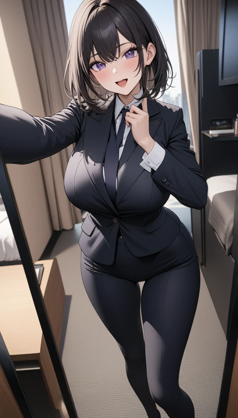 ((masterpiece)), ((high quality)),((ultra-detailed)), ((extremely detailed)),(character portrait), 4K,8K,wearing navy pants suit, white collared shirt, office suit, 21yo, a beautiful woman, very tall woman with great style, perfect big breasts, perfect big ass, tight suit, slender body, 1girl, solo, short bob hair, navy hair, perfect hands, perfect face, perfect purple eyes, perfect body, beautiful legs, hotel background, cold beauty, open mouth, laugh, side view, selfie, full body