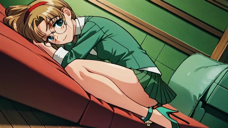 fuu hououji, (4k portrait), masterpiece, best quality,looking at viewer, 1girl,short hair,light brown hair,Glasses,((red hairband)),green blazer,(mini skirt:1.4),(green high heels:1.4), smile,masterpiece,Noise Reduction,perfect anatomy,high resolution, ultra-detailed,game cg,dutch angle ,beautiful detailed eyes,visualart,five fingers, perfect hands, perfect lighting,BREAK (pants,1.5), full body, arms at sides, BREAK (from side:1.5), (lying:1.4), (indoor:1.6), (living room:1.3)