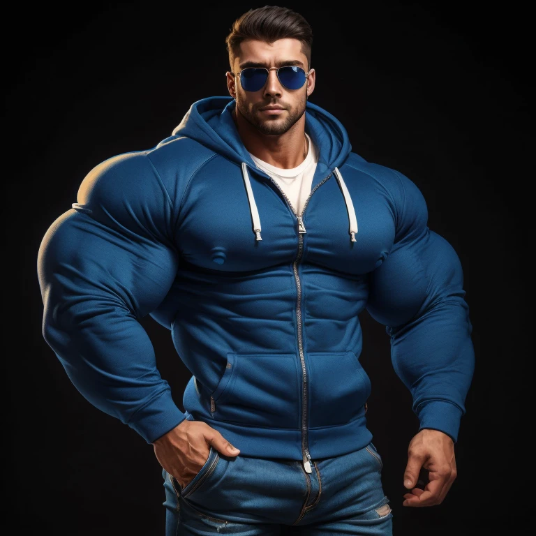 a very handsome young man, short hair, mid fade haircut, sunglasses, simple blue sweatshirt with long sleeves, exaggeratedly huge, exaggeratedly muscular, with exaggeratedly huge muscles, with exaggeratedly huge biceps, arms and shoulders, exaggeratedly huge and muscular body, with an exaggeratedly huge bulge, on a black background