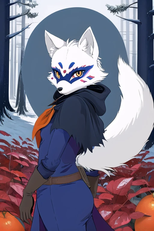 Alopex, arctic fox, furry, blue marks face, tmnt, orange eyes, girl1, solo, cape, cloak, gloves, robe, pants, best quality, masterpiece, Mouth Mask, forest, 